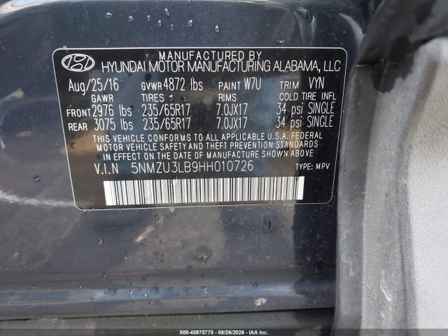 2017 Hyundai Santa Fe Sport 2.4l მანქანა იყიდება აუქციონზე, vin: 5NMZU3LB9HH010726, აუქციონის ნომერი: 45975775