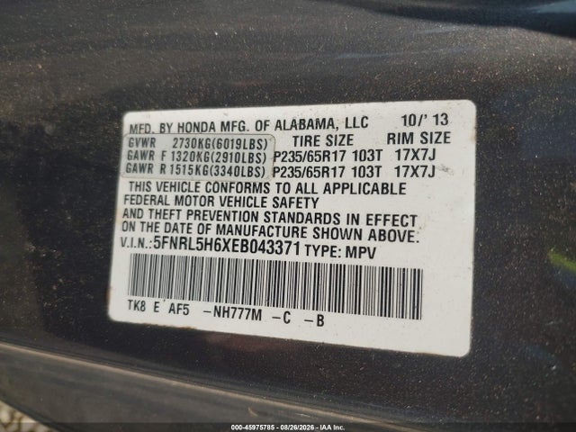2014 Honda Odyssey Ex-l მანქანა იყიდება აუქციონზე, vin: 5FNRL5H6XEB043371, აუქციონის ნომერი: 45975785
