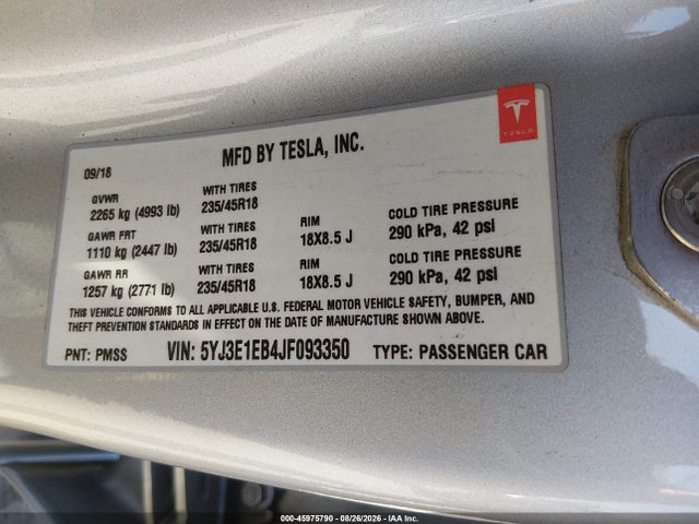 Tesla Model 3 Long Range/performance 2018 5YJ3E1EB4JF093350 Image 9