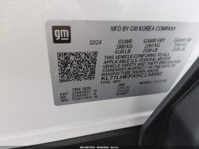 45975792 :رقم المزاد ، KL77LHEPXSC134992 vin ، 2025 Chevrolet Trax Fwd Lt مزاد بيع