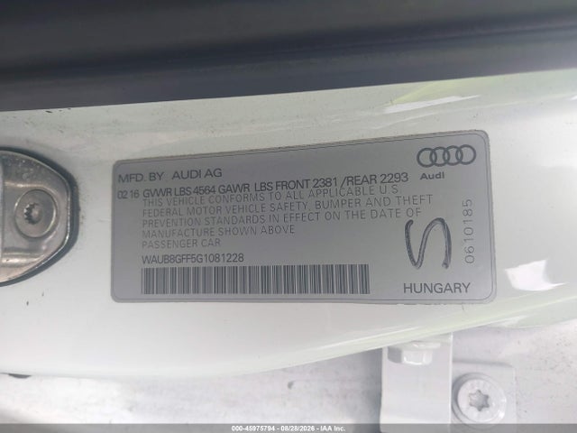 45975794 :رقم المزاد ، WAUB8GFF5G1081228 vin ، 2016 Audi A3 2.0t Premium مزاد بيع