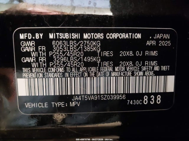 45975796 :رقم المزاد ، JA4T5VA91SZ039956 vin ، 2025 Mitsubishi Outlander Phev Se S-awc مزاد بيع