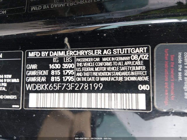 45975811 :رقم المزاد ، WDBKK65F73F278199 vin ، 2003 Mercedes-benz Slk 320 مزاد بيع