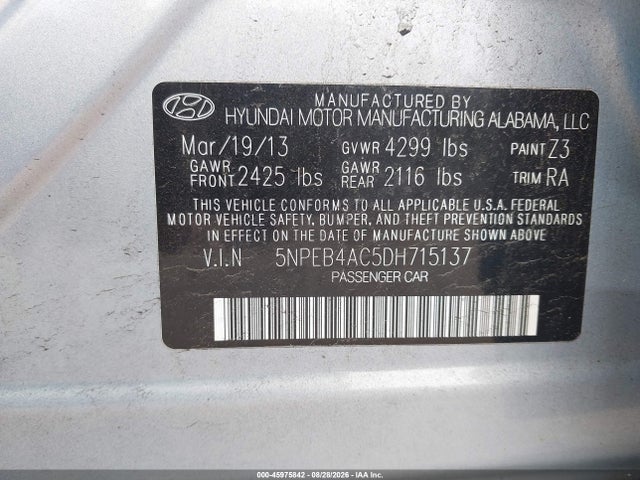 Продажа на аукционе авто 2013 Hyundai Sonata Gls, vin: 5NPEB4AC5DH715137, номер лота: 45975842