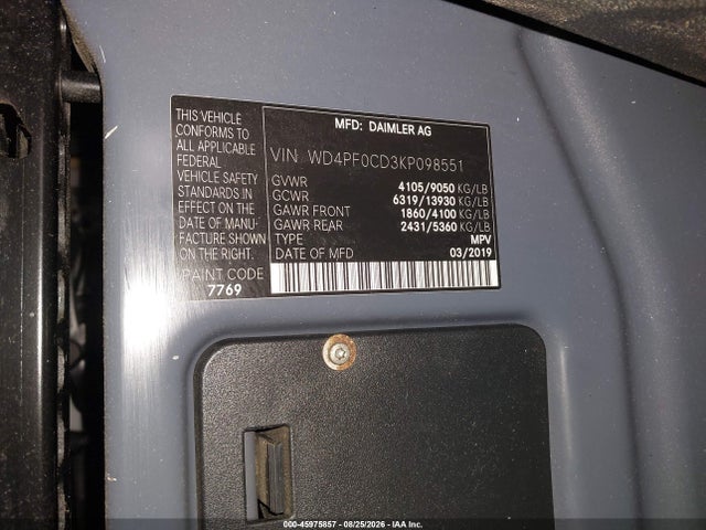 Aukcja sprzedaży 2019 Mercedes-benz Sprinter 2500 High Roof V6, vin: WD4PF0CD3KP098551, numer aukcji: 45975857