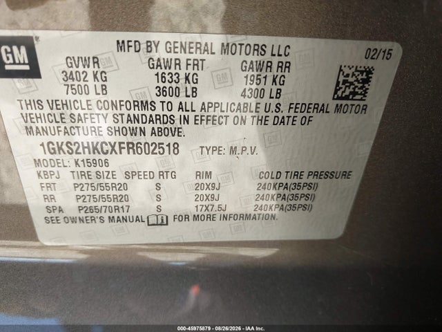 Aukcja sprzedaży 2015 Gmc Yukon Xl 1500 Slt, vin: 1GKS2HKCXFR602518, numer aukcji: 45975879