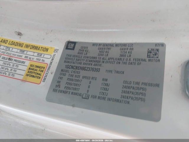45975891 :رقم المزاد ، 1GCNCNEH6GZ376393 vin ، 2016 Chevrolet Silverado 1500 Work Truck مزاد بيع