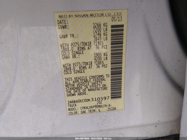 Продажа на аукционе авто 2013 Nissan Titan Pro-4x, vin: 1N6BA0EC0DN310597, номер лота: 45975909