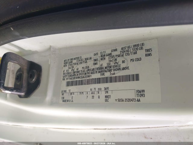 2012 Ford E-250 Commercial მანქანა იყიდება აუქციონზე, vin: 1FTNE2EW9CDA33561, აუქციონის ნომერი: 45975923