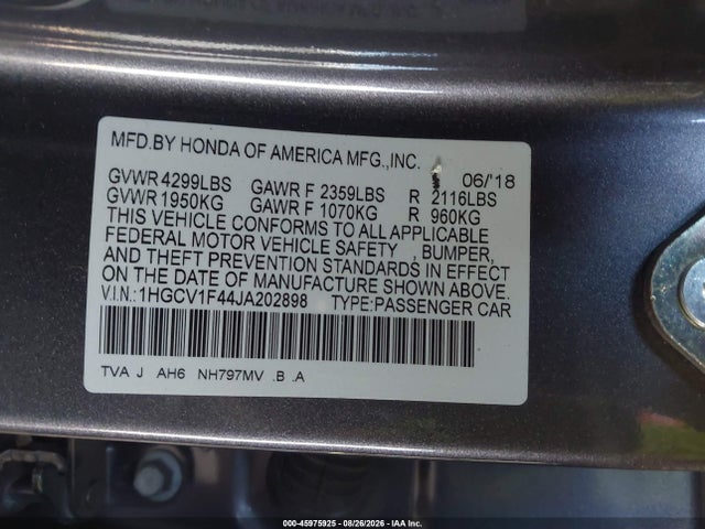 Aukcja sprzedaży 2018 Honda Accord Ex, vin: 1HGCV1F44JA202898, numer aukcji: 45975925