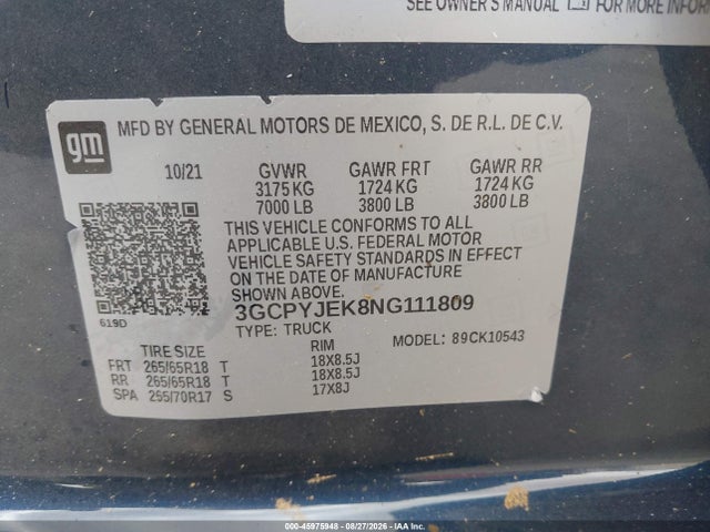 Продаж на аукціоні авто 2022 Chevrolet Silverado 1500 Ltd 4wd  Short Bed Lt With 2fl, vin: 3GCPYJEK8NG111809, номер лоту: 45975948