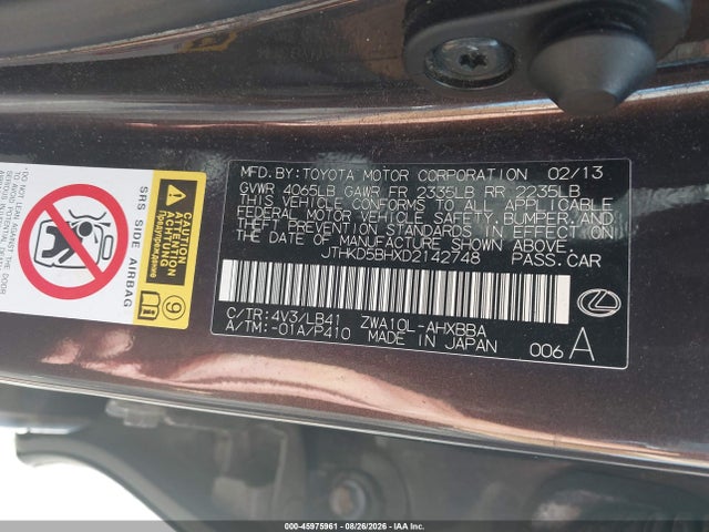 45975961 :رقم المزاد ، JTHKD5BHXD2142748 vin ، 2013 Lexus Ct 200h مزاد بيع