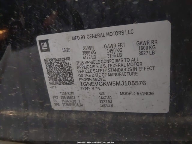 45975964 :رقم المزاد ، 1GNEVGKW5MJ105576 vin ، 2021 Chevrolet Traverse Awd Lt Cloth مزاد بيع