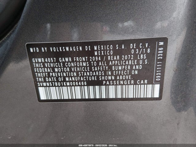 Aukcja sprzedaży 2019 Volkswagen Jetta 1.4t S, vin: 3VWN57BU1KM006466, numer aukcji: 45975979