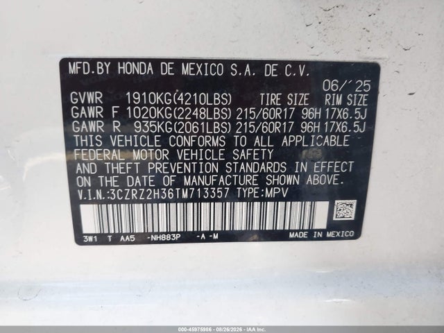 45975986 :رقم المزاد ، 3CZRZ2H36TM713357 vin ، 2026 Honda Hr-v Awd Lx مزاد بيع