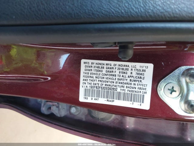 Aukcja sprzedaży 2013 Honda Civic Lx, vin: 19XFB2F53DE092852, numer aukcji: 45975988