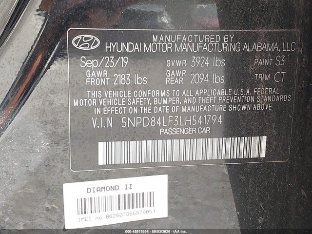 Продажа на аукционе авто 2020 Hyundai Elantra Sel, vin: 5NPD84LF3LH541794, номер лота: 45975998