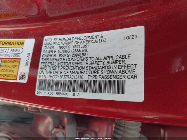 45976005 :رقم المزاد ، 1HGCY1F37RA013110 vin ، 2024 Honda Accord Ex مزاد بيع