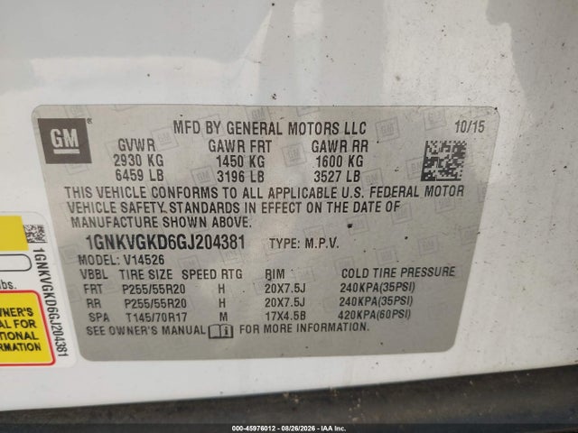 Продаж на аукціоні авто 2016 Chevrolet Traverse 1lt, vin: 1GNKVGKD6GJ204381, номер лоту: 45976012