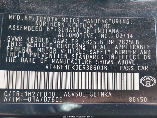 Aukcja sprzedaży 2014 Toyota Camry Le, vin: 4T4BF1FK3ER386016, numer aukcji: 45976016
