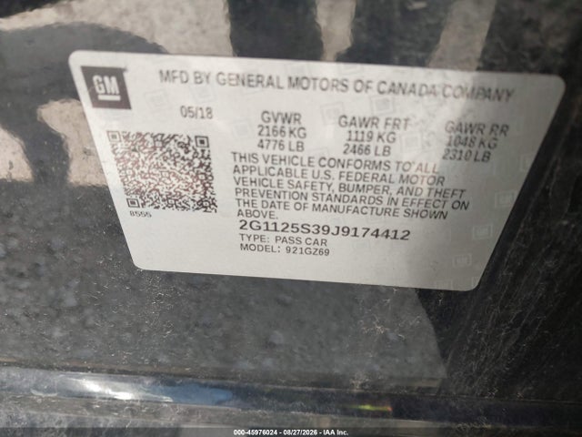 Aukcja sprzedaży 2018 Chevrolet Impala 2lz, vin: 2G1125S39J9174412, numer aukcji: 45976024