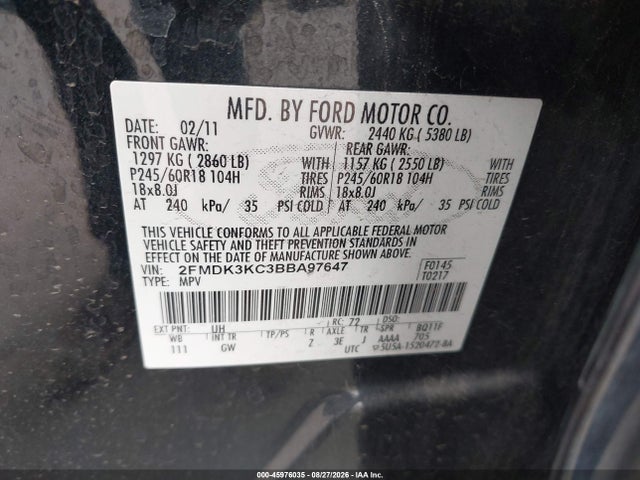 Продажа на аукционе авто 2011 Ford Edge Limited, vin: 2FMDK3KC3BBA97647, номер лота: 45976035