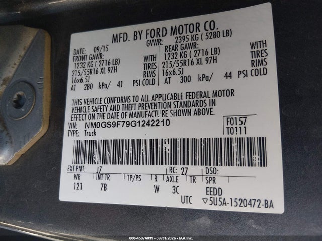 45976039 :رقم المزاد ، NM0GS9F79G1242210 vin ، 2016 Ford Transit Connect Xlt مزاد بيع