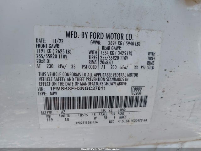 45976042 :رقم المزاد ، 1FMSK8FH3NGC37011 vin ، 2022 Ford Explorer Limited مزاد بيع