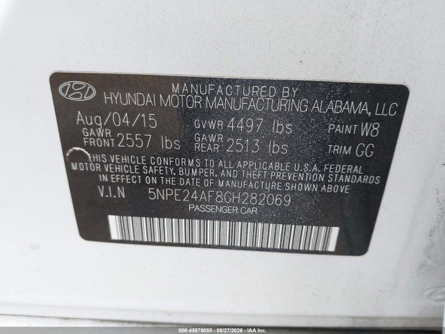 2016 Hyundai Sonata Se მანქანა იყიდება აუქციონზე, vin: 5NPE24AF8GH282069, აუქციონის ნომერი: 45976050