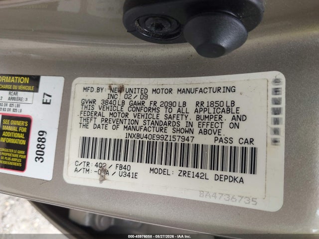 Продажа на аукционе авто 2009 Toyota Corolla Le, vin: 1NXBU40E99Z157947, номер лота: 45976058