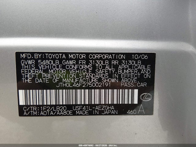 45976062 :رقم المزاد ، JTHGL46F275002191 vin ، 2007 Lexus Ls 460 L مزاد بيع
