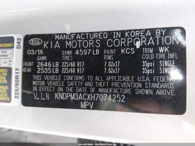 Продажа на аукционе авто 2017 Kia Sportage Lx, vin: KNDPM3ACXH7074252, номер лота: 45976065