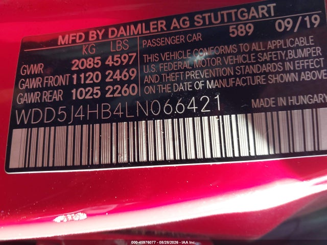 Aukcja sprzedaży 2020 Mercedes-benz Cla 250 4matic, vin: WDD5J4HB4LN066421, numer aukcji: 45976077