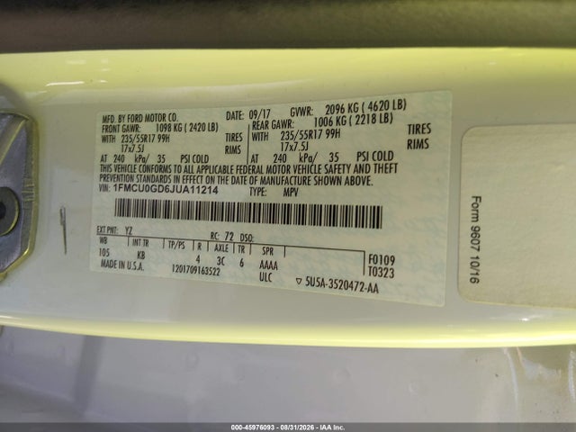 45976093 :رقم المزاد ، 1FMCU0GD6JUA11214 vin ، 2018 Ford Escape Se مزاد بيع