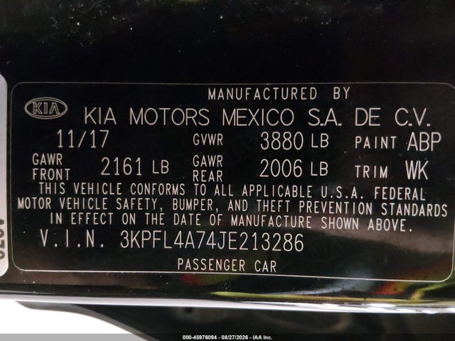 45976094 :رقم المزاد ، 3KPFL4A74JE213286 vin ، 2018 Kia Forte S مزاد بيع