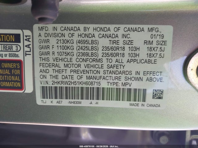 45976105 :رقم المزاد ، 2HKRW2H51KH608715 vin ، 2019 Honda Cr-v Ex مزاد بيع
