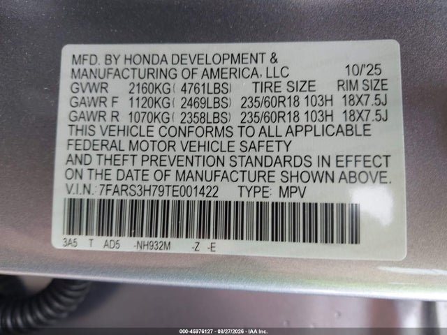 Auction sale of the 2026 Honda Cr-v Ex-l 2wd, vin: 7FARS3H79TE001422, lot number: 45976127