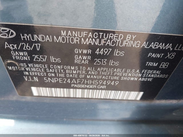 Aukcja sprzedaży 2017 Hyundai Sonata Se, vin: 5NPE24AF7HH594949, numer aukcji: 45976132
