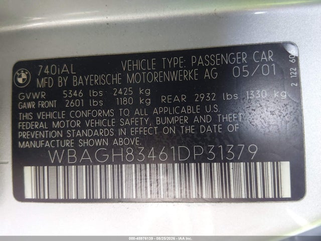 Продаж на аукціоні авто 2001 Bmw 740il, vin: WBAGH83461DP31379, номер лоту: 45976139