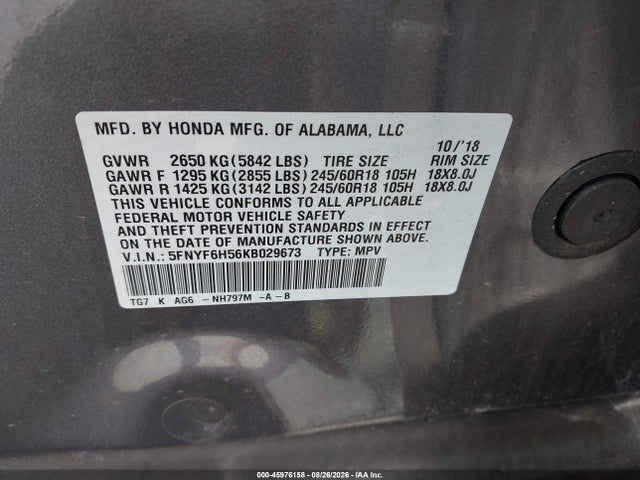 Продаж на аукціоні авто 2019 Honda Pilot Ex-l, vin: 5FNYF6H56KB029673, номер лоту: 45976158