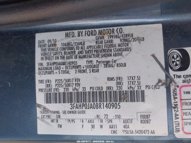 2011 Ford Fusion Sel მანქანა იყიდება აუქციონზე, vin: 3FAHP0JA0BR140905, აუქციონის ნომერი: 45976171