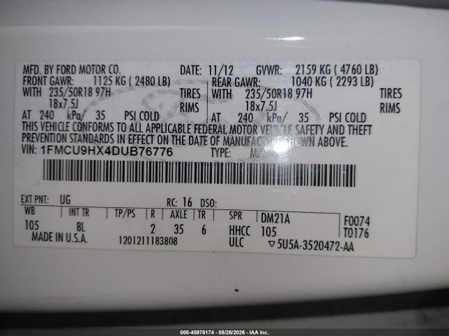 Продажа на аукционе авто 2013 Ford Escape Sel, vin: 1FMCU9HX4DUB76776, номер лота: 45976174