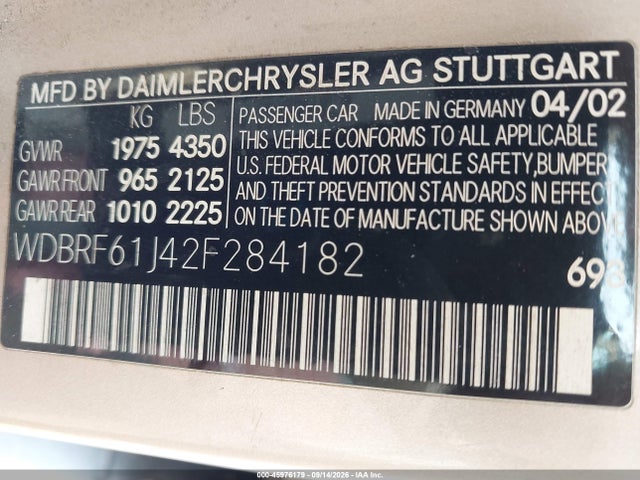 Aukcja sprzedaży 2002 Mercedes-benz C 240, vin: WDBRF61J42F284182, numer aukcji: 45976179