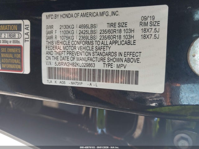 Продаж на аукціоні авто 2019 Honda Cr-v Ex-l, vin: 5J6RW2H82KL029863, номер лоту: 45976183