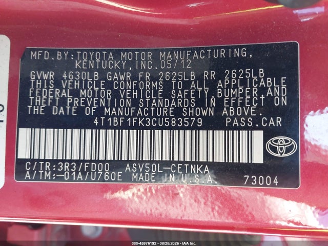 2012 Toyota Camry Le მანქანა იყიდება აუქციონზე, vin: 4T1BF1FK3CU583579, აუქციონის ნომერი: 45976192