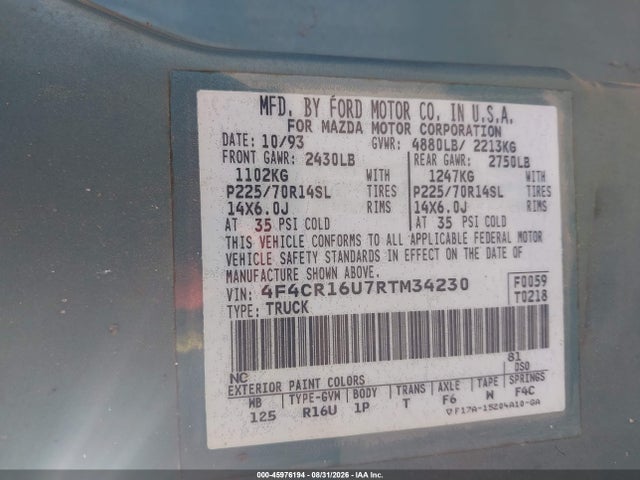Aukcja sprzedaży 1994 Mazda B3000 Cab Plus, vin: 4F4CR16U7RTM34230, numer aukcji: 45976194