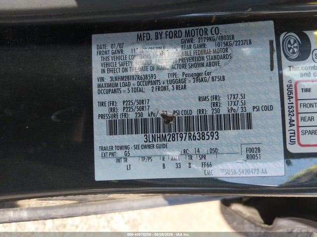 45976200 :رقم المزاد ، 3LNHM28T97R638593 vin ، 2007 Lincoln Mkz مزاد بيع