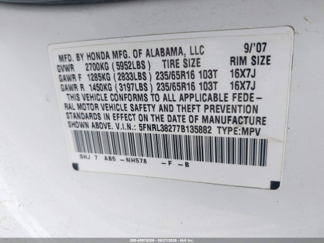Aukcja sprzedaży 2007 Honda Odyssey Lx, vin: 5FNRL38277B135882, numer aukcji: 45976206