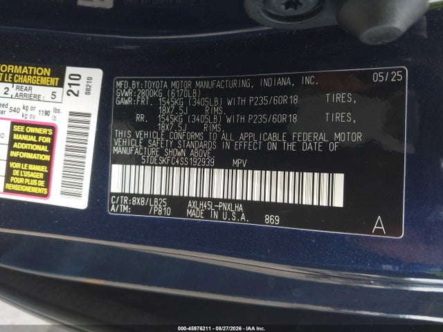 Продаж на аукціоні авто 2025 Toyota Sienna Platinum, vin: 5TDESKFC4SS192939, номер лоту: 45976211