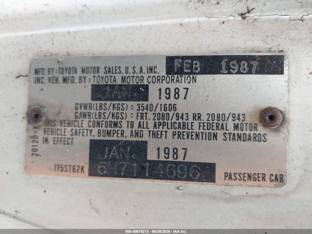 Aukcja sprzedaży 1987 Toyota Celica Gt, vin: JT5ST62K6H7114696, numer aukcji: 45976213